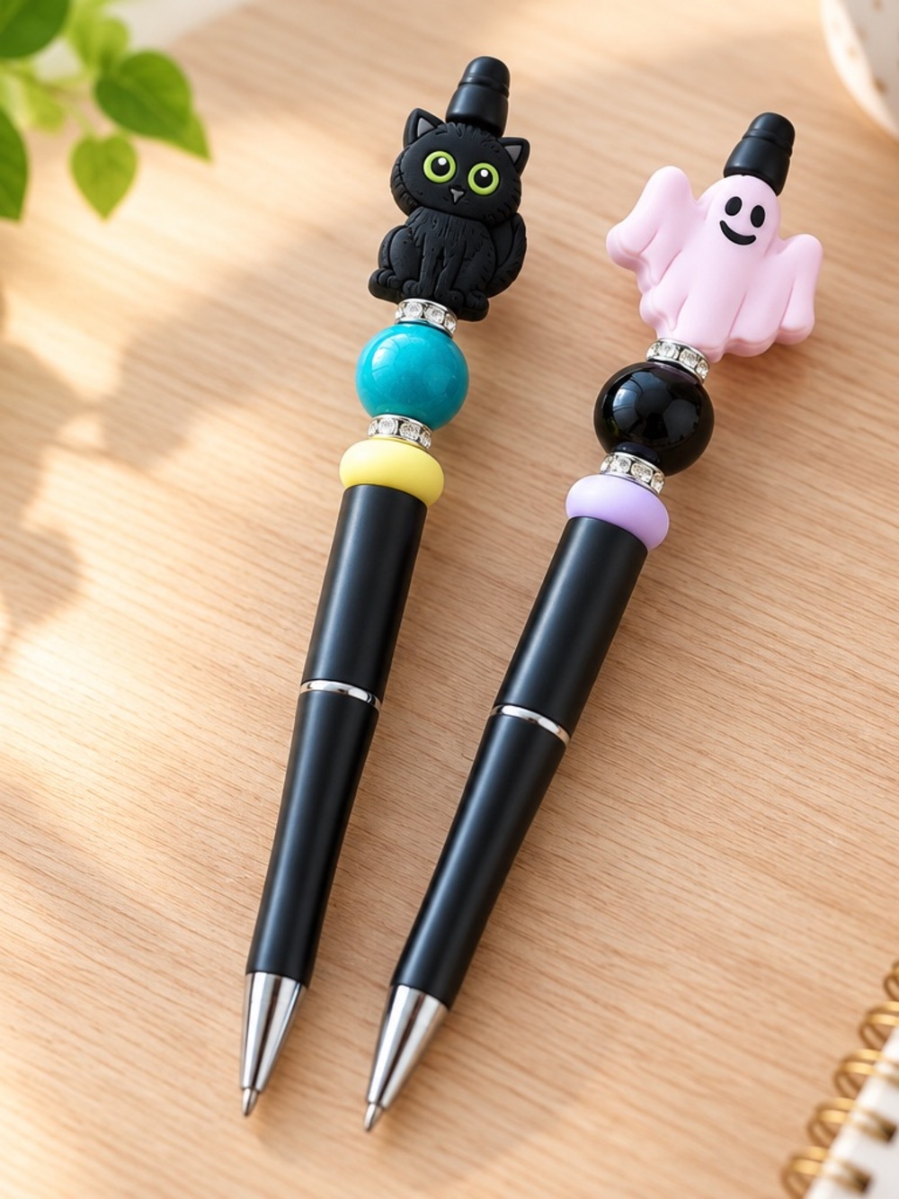 Handmade Halloween Cat & Ghost Pens - Black with Pink and Turquoise Accents